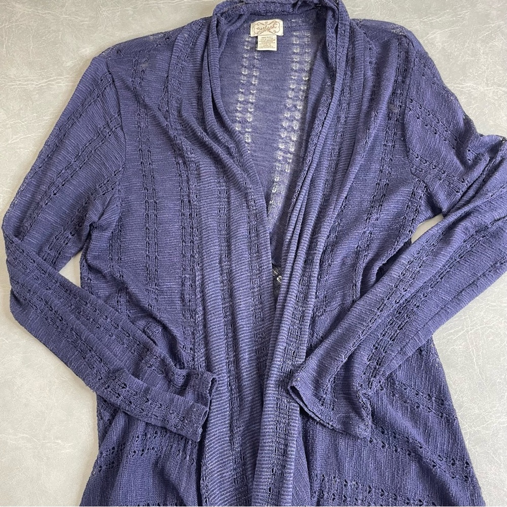 Deep Blue Open-Front Lightweight Cardigan Waterfall Edge Open-Work Knit - Picture 6 of 6